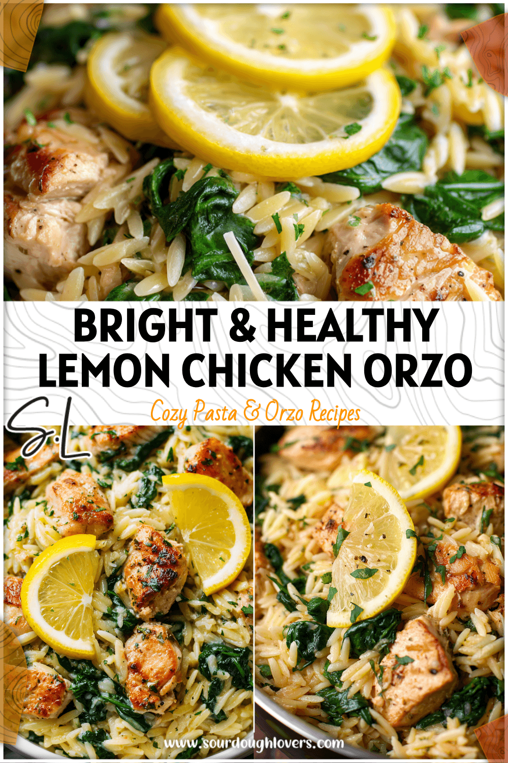 A bowl of Lemon Garlic Chicken Orzo with spinach, parmesan, and fresh lemon slices served warm.